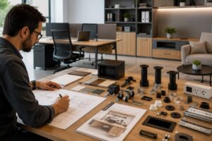 Ambiente corporativo moderno com estação de trabalho organizada, móveis funcionais e componentes para móveis da Oppeano que valorizam design, ergonomia e acabamento.