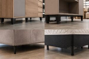 Pés para móveis instalados em guarda-roupa e armário demonstrando estabilidade estrutural, durabilidade e qualidade na fabricação moveleira.