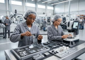 Controle de qualidade em fábrica de acessórios para móveis com processos padronizados e foco em excelência produtiva da Oppeano.