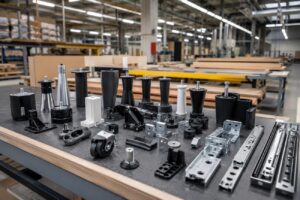 Componentes plásticos e metálicos utilizados na fabricação de móveis residenciais, corporativos e comerciais em ambiente industrial moderno.