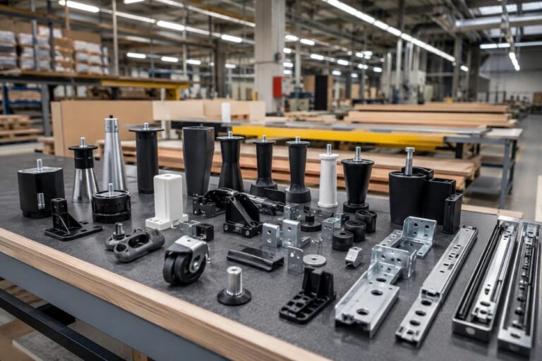 Componentes plásticos e metálicos utilizados na fabricação de móveis residenciais, corporativos e comerciais em ambiente industrial moderno.