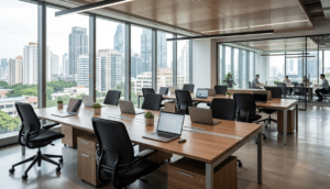 Escritório corporativo moderno com organização de cabos e acessórios funcionais da Oppeano para otimização da ergonomia em móveis corporativos.
