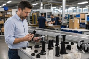 Gestor da indústria moveleira analisando componentes plásticos e acessórios para móveis em linha de produção organizada com foco em qualidade e prazo.