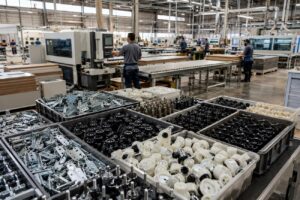Linha de produção moveleira abastecida com componentes da Oppeano, destacando qualidade, organização, agilidade logística e excelência produtiva.