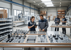 Equipe avaliando componentes plásticos e metálicos para móveis em ambiente industrial moderno, destacando qualidade e confiabilidade da Oppeano